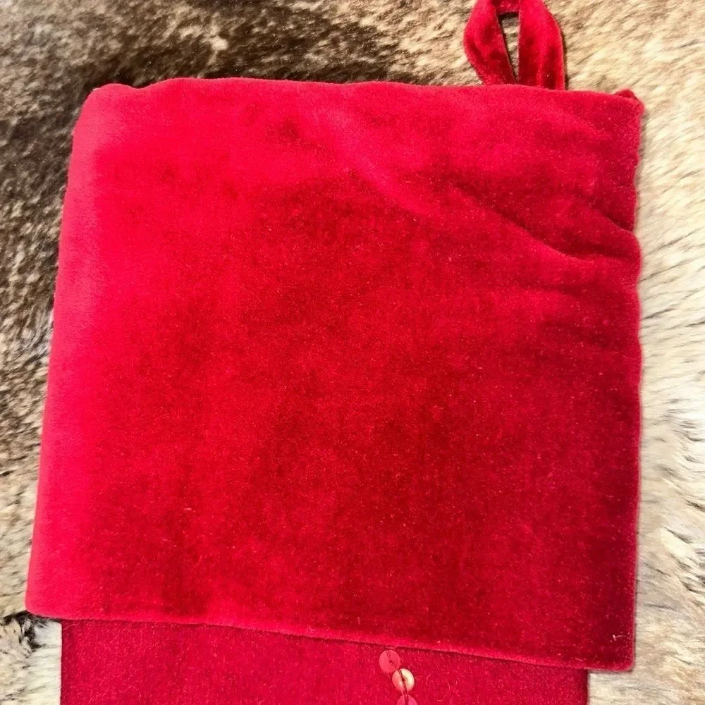 Crate & Barrel Red Poinsettia Stocking Velvet and Wool